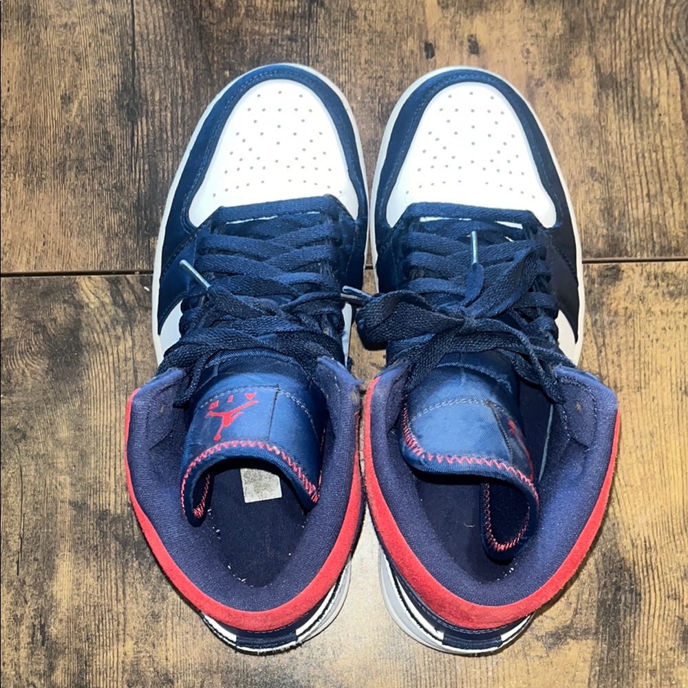 Navy and White High-Top Sneakers with Red Trim